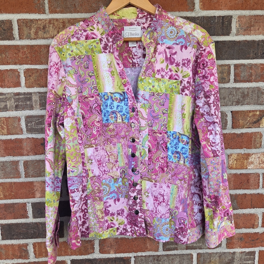 Pastel Floral Patchwork Snap Closure Embroidered Eyelet Stretch Shacket 1X